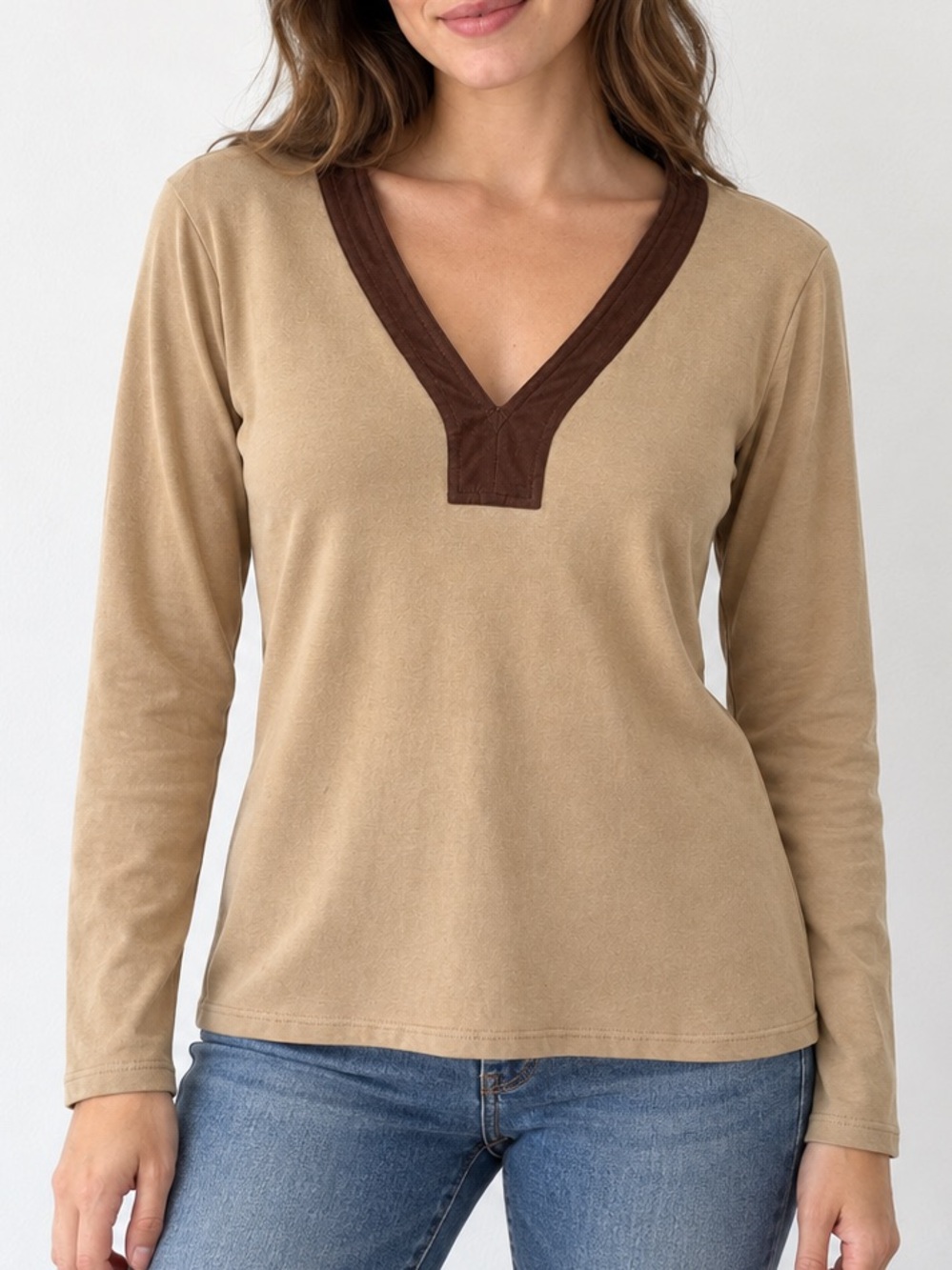 Lauren Ralph Lauren Women’s L Tan Brown V Neck Long Sleeve Cotton Knit